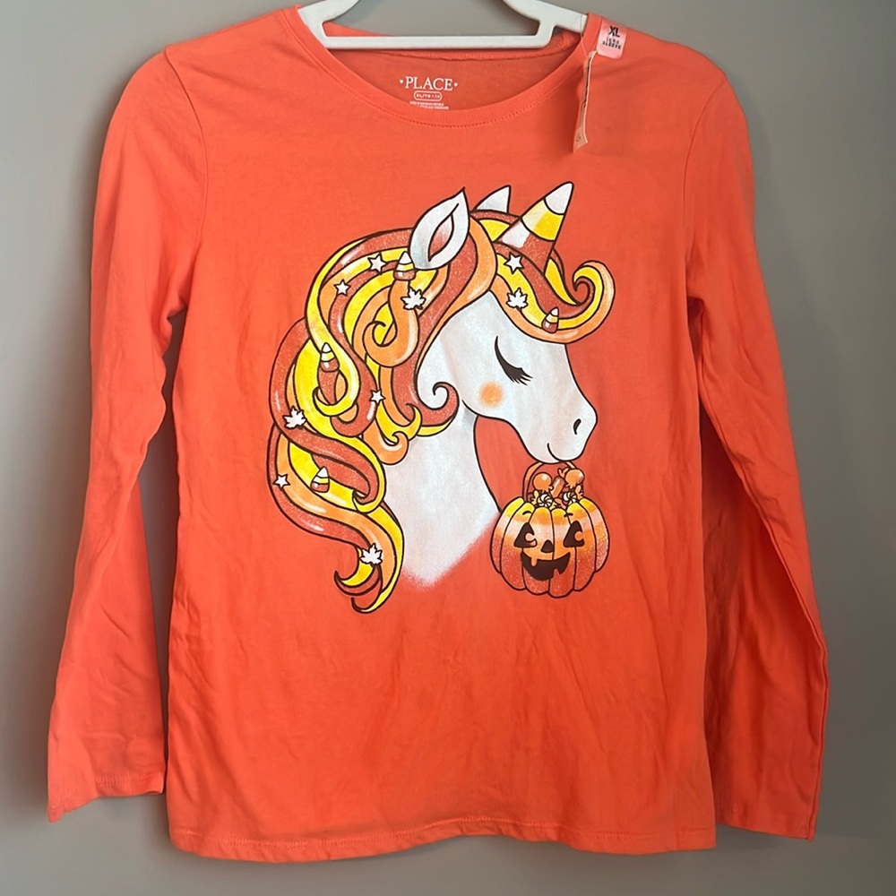 Girls Halloween Top Unicorn Size XL 14 Orange Long Sleeve NWT